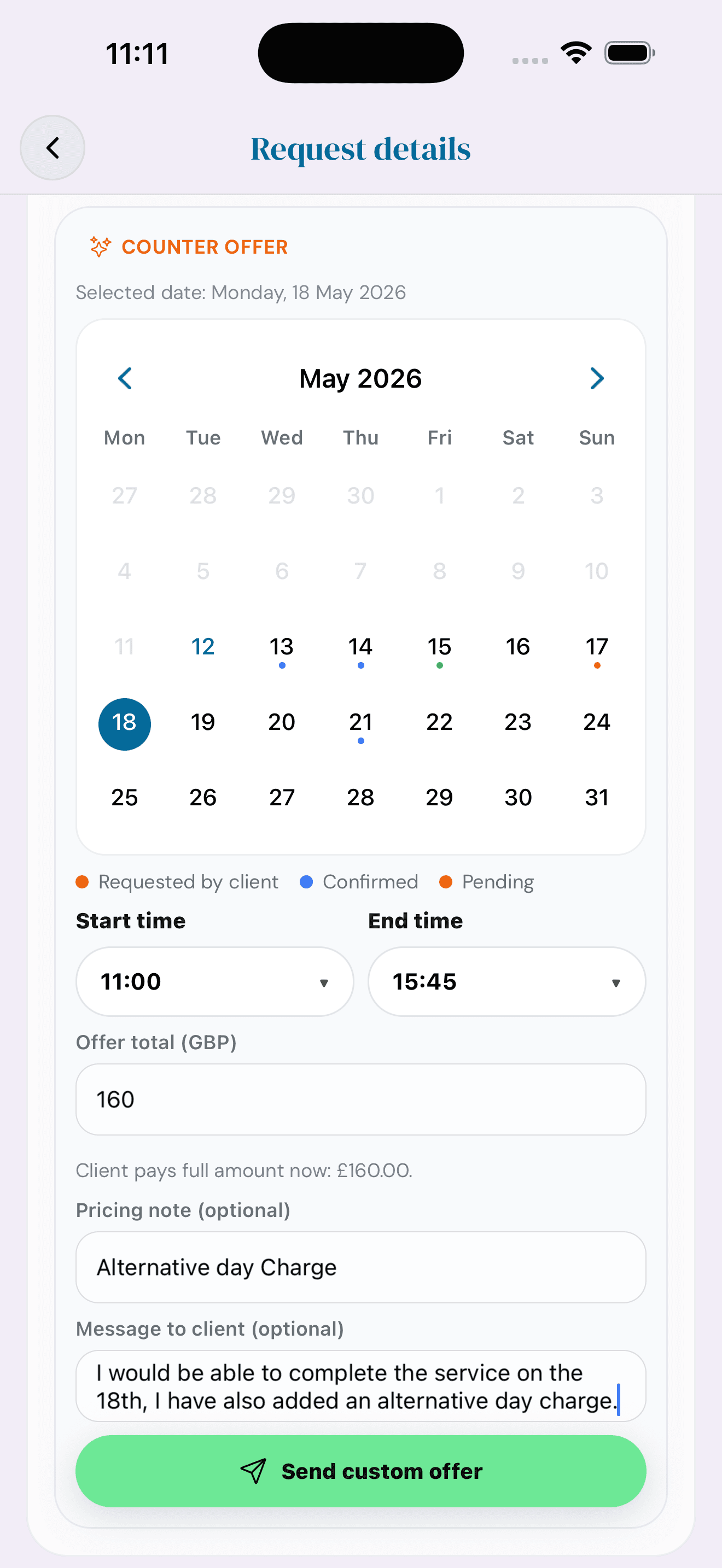 Counter offer composer with a calendar, start and end time pickers, offer total, pricing note and message to client