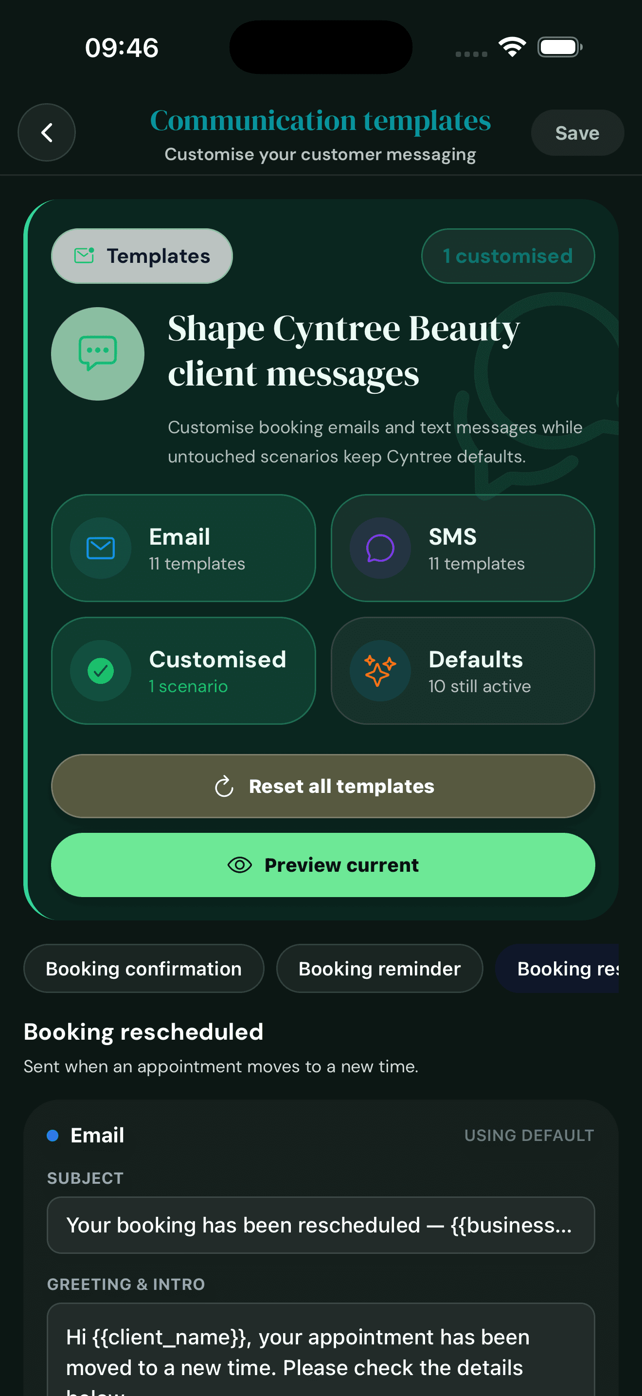 Cyntree communication templates hub for Cyntree Beauty showing 11 email templates, 11 SMS templates, 1 customised scenario, 10 still on defaults, with reset and preview buttons