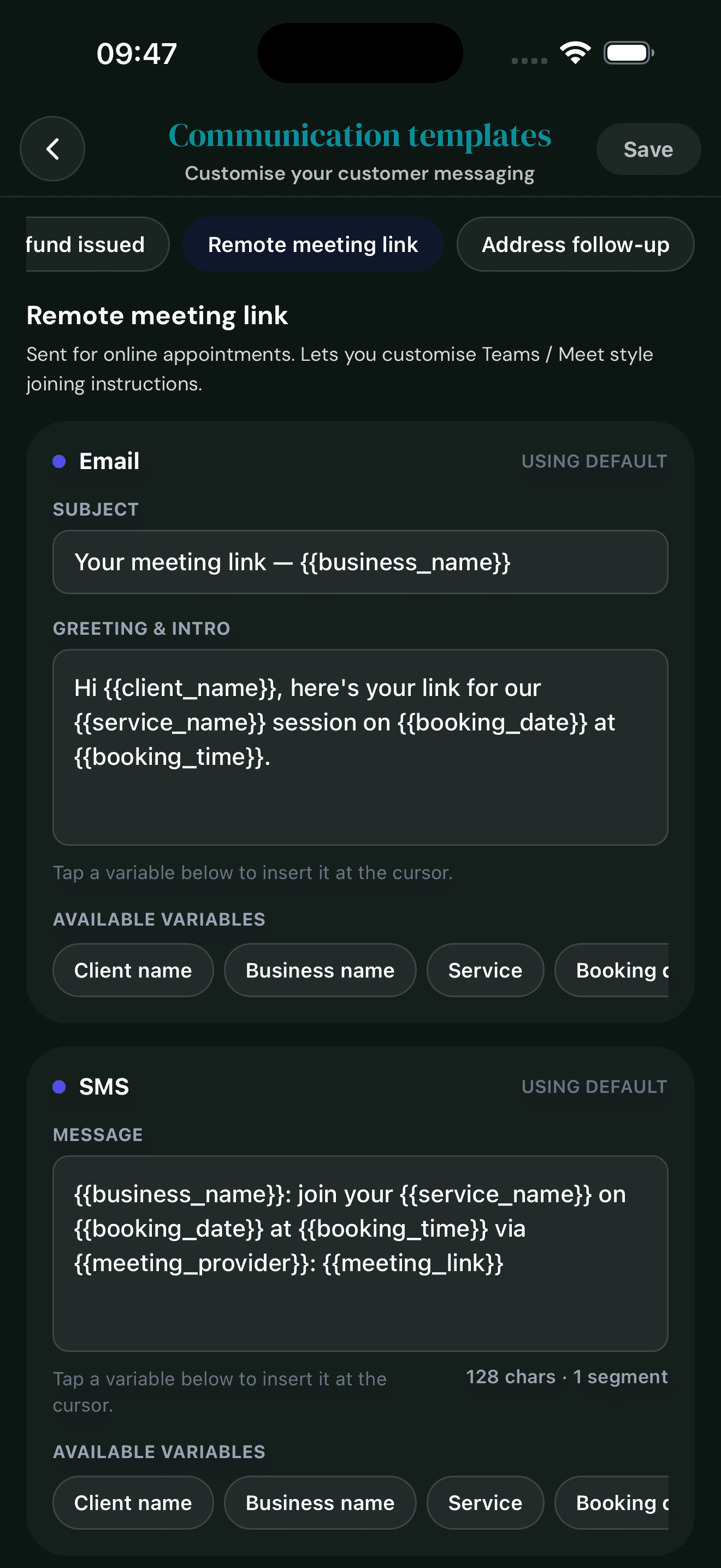 Cyntree Remote meeting link template editor with Teams or Meet-style joining instructions, available variables including meeting link and meeting provider, and SMS message preview