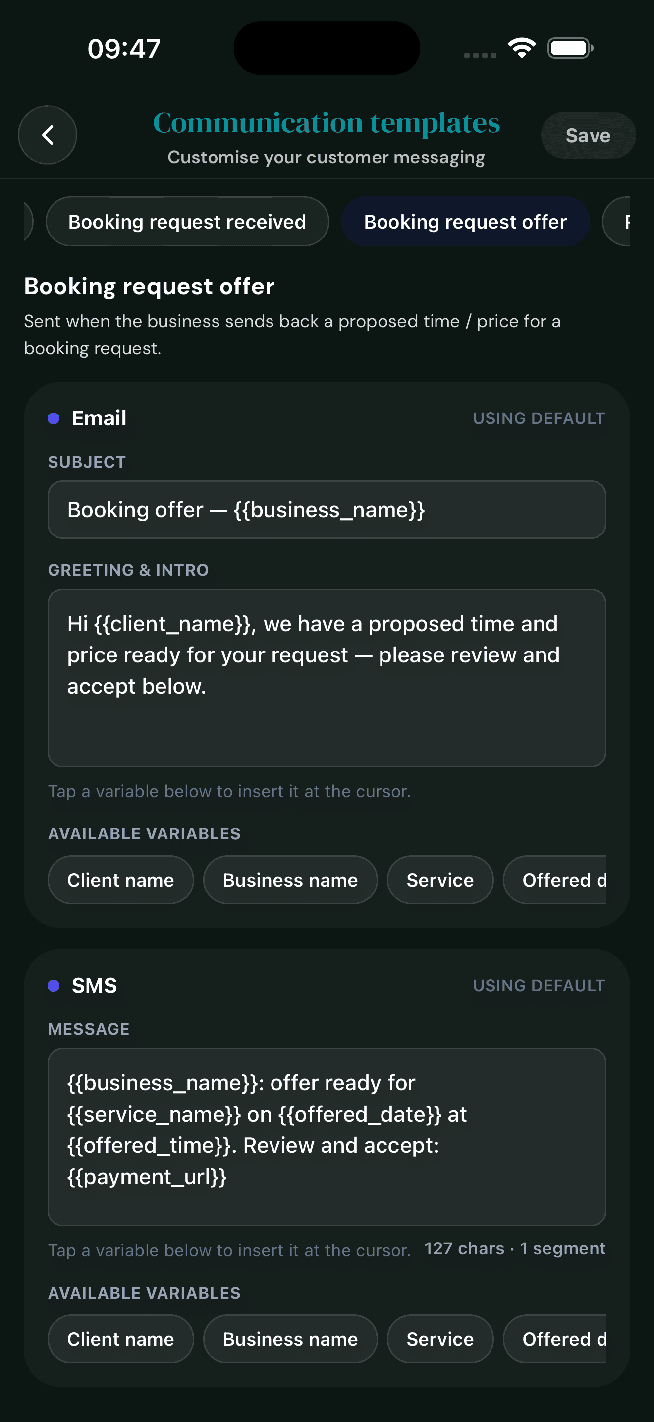 Cyntree Booking request offer template editor used when sending a proposed time or price back to a client, with email subject, greeting, available variables for offered date and time, and SMS preview