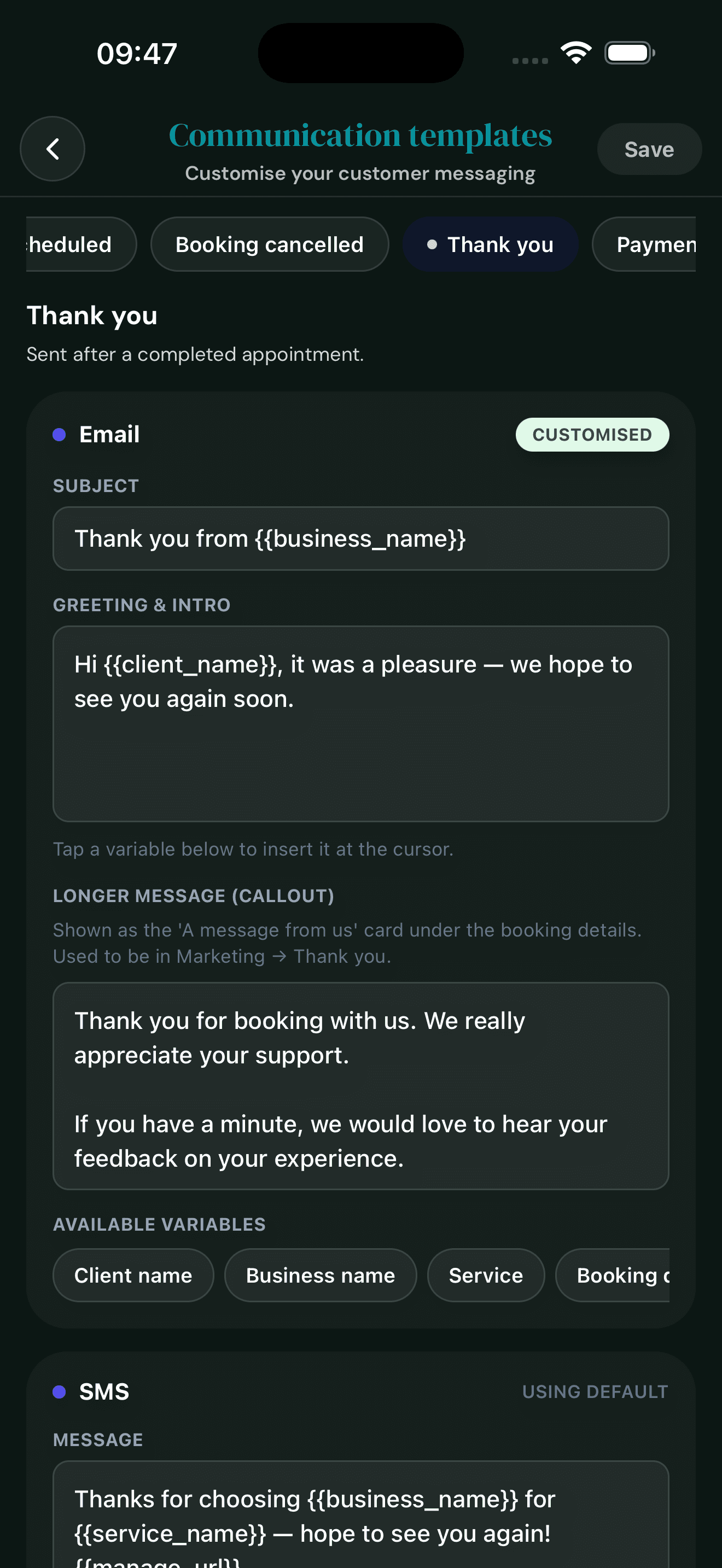 Cyntree Thank you template editor marked as customised showing email subject, greeting, a longer 'message from us' callout, and a thank-you SMS preview