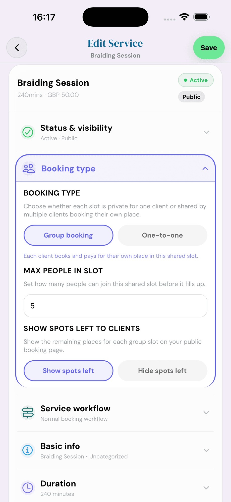 Cyntree Edit Service screen for a Braiding Session showing the Booking type section expanded with Group booking selected, max people set to 5, and Show spots left toggle.