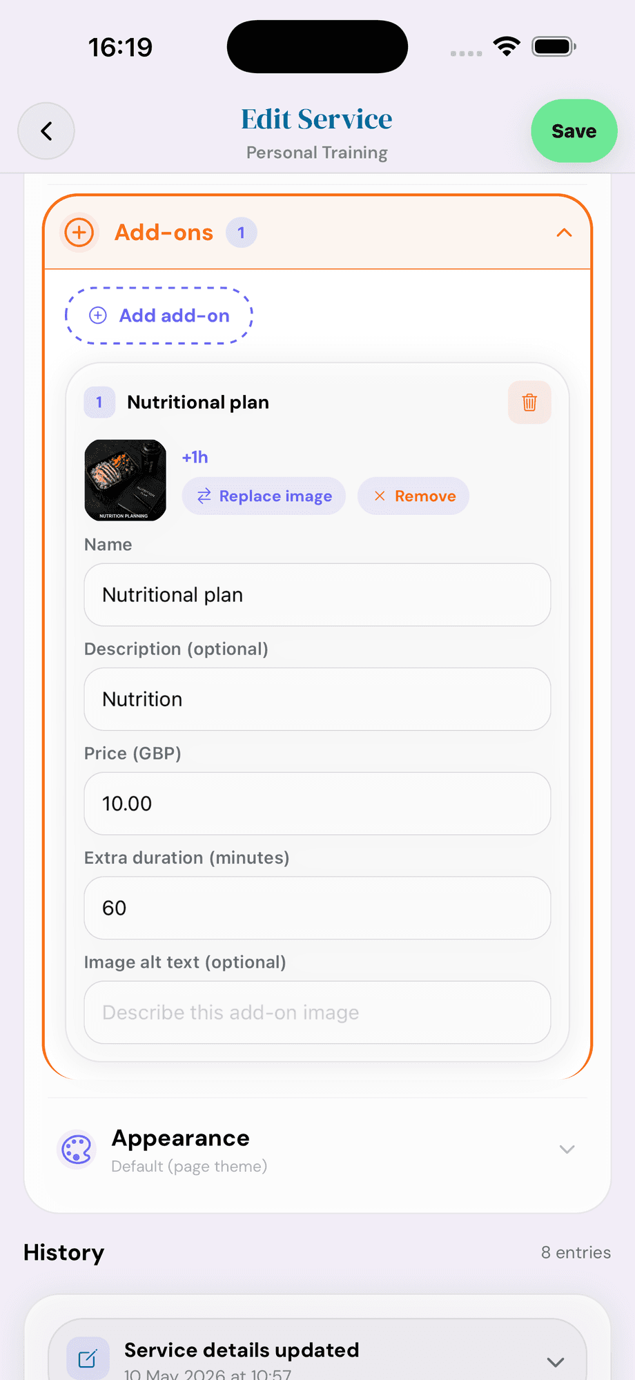 Cyntree Edit Service screen for Personal Training showing the Add-ons section expanded with a Nutritional plan add-on at £10.00 and 60 minutes extra duration.