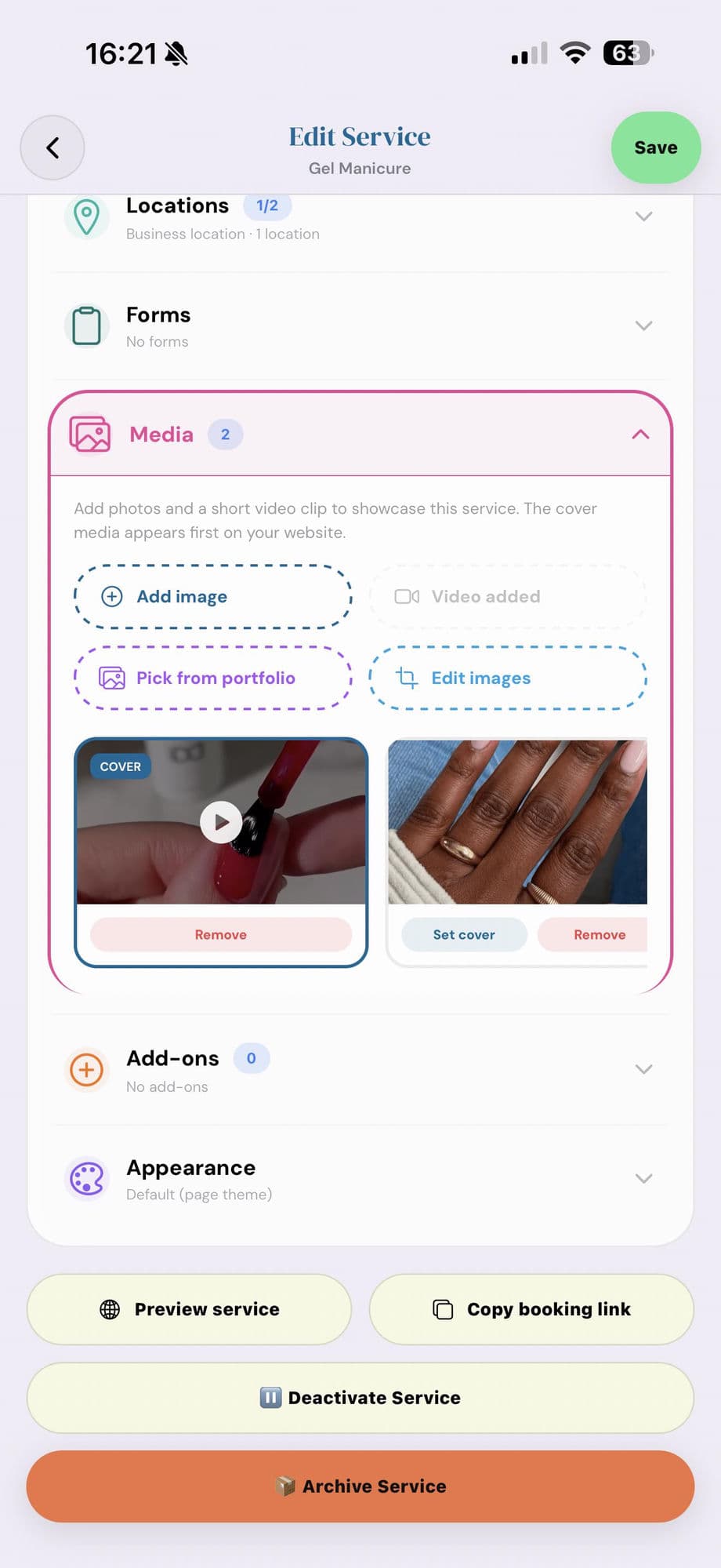Cyntree Edit Service screen for Gel Manicure showing the Media section expanded with a cover video of gel polish being applied and a portfolio photo, plus Add image and Pick from portfolio controls.