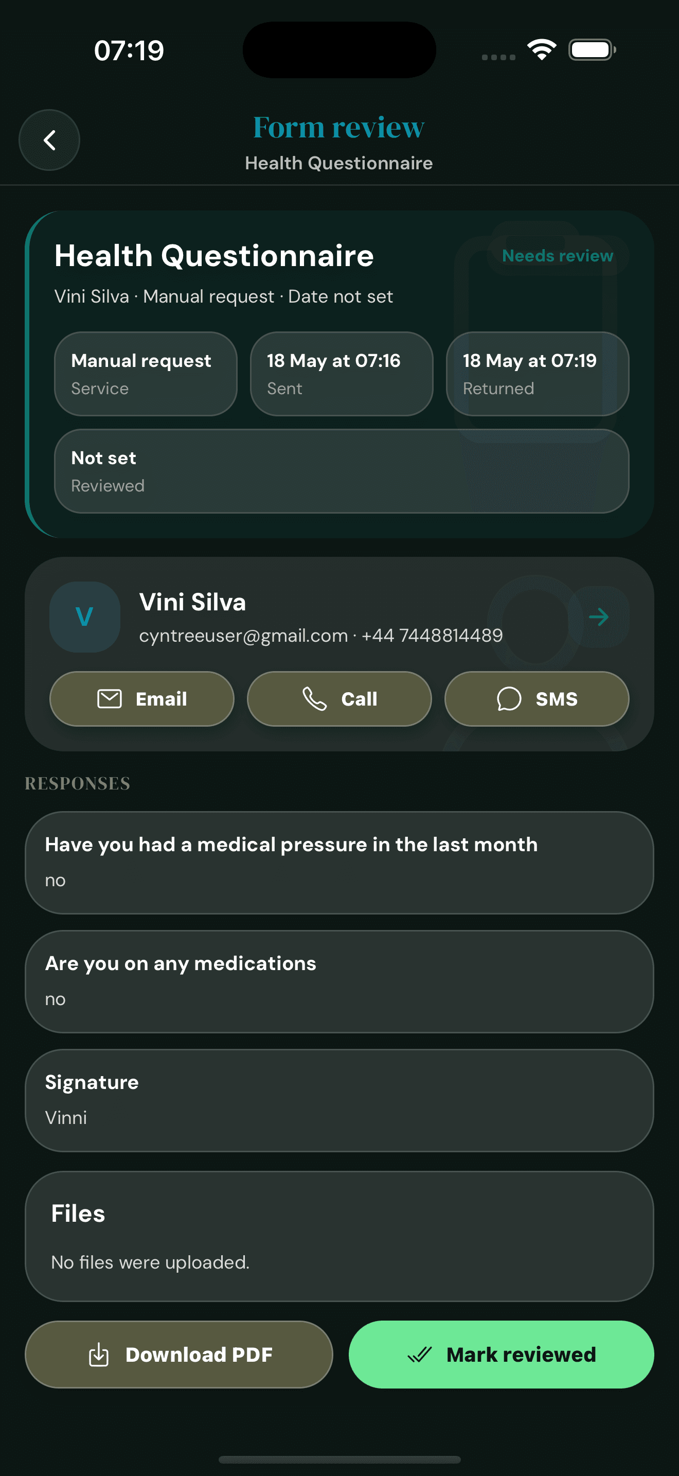 Cyntree form review screen showing returned Health Questionnaire with status Needs review, client contact actions, responses, signature, and Mark reviewed button
