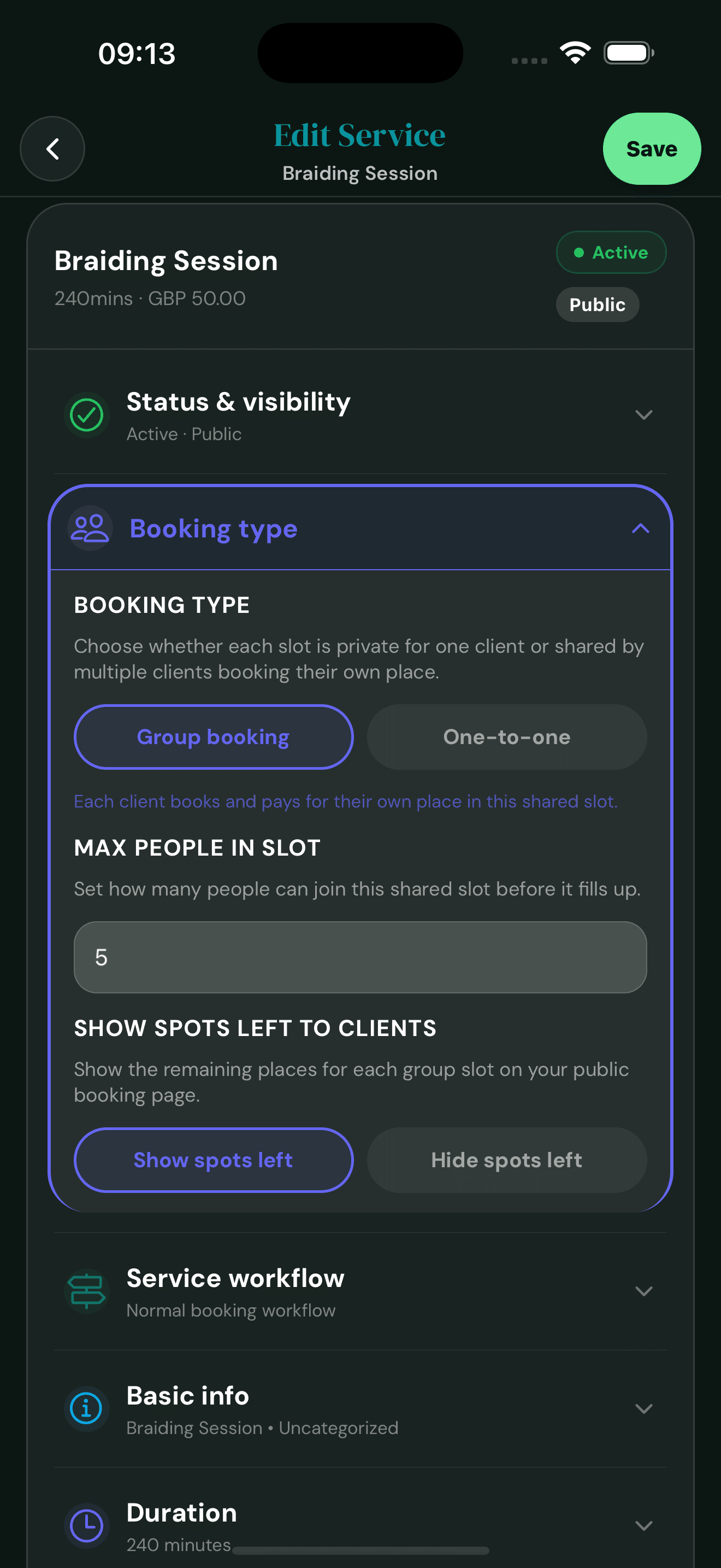 Cyntree Edit Service booking type panel with Group booking selected, max people in slot set to 5, and Show spots left toggle enabled