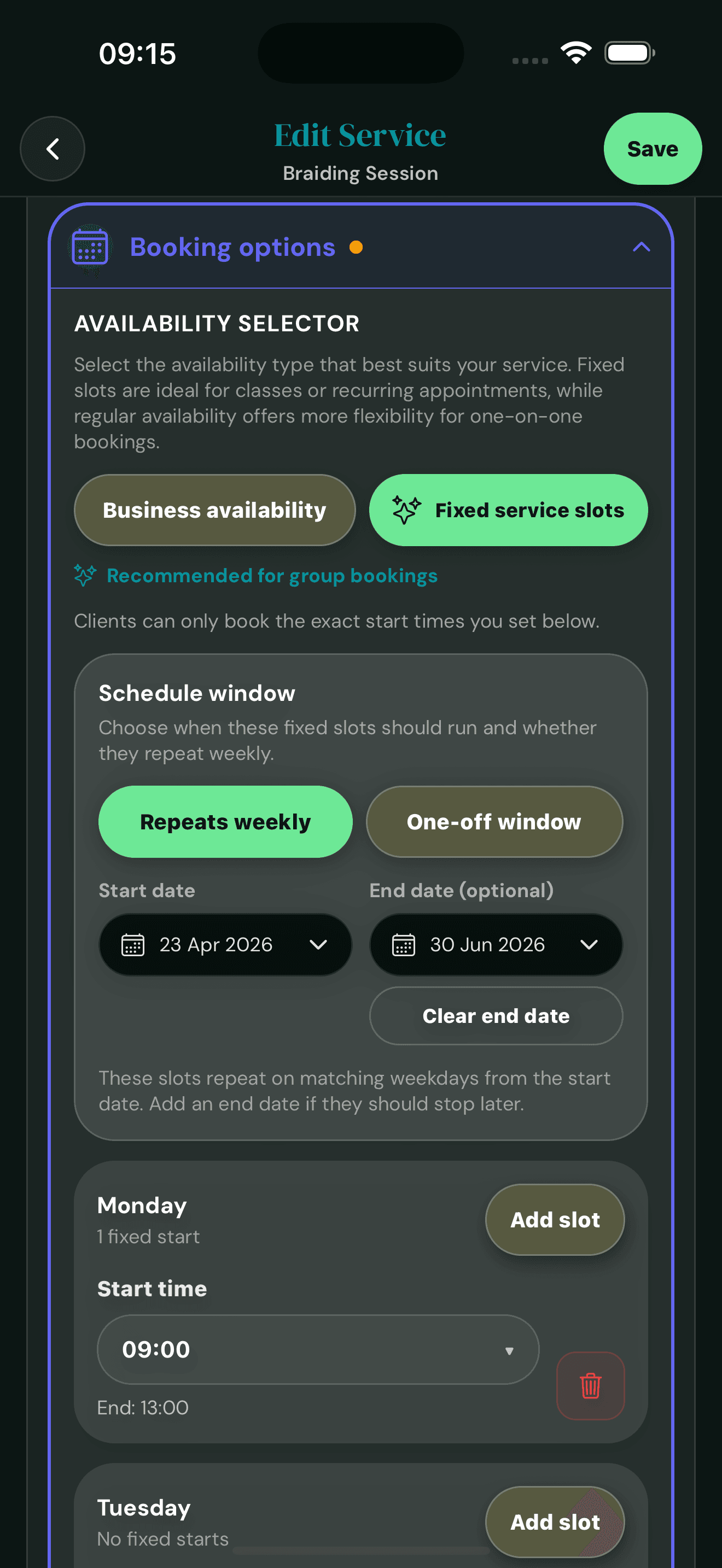 Cyntree booking options panel showing Fixed service slots selected with Recommended for group bookings badge, weekly repeat with start and end dates, and a Monday 09:00 to 13:00 slot