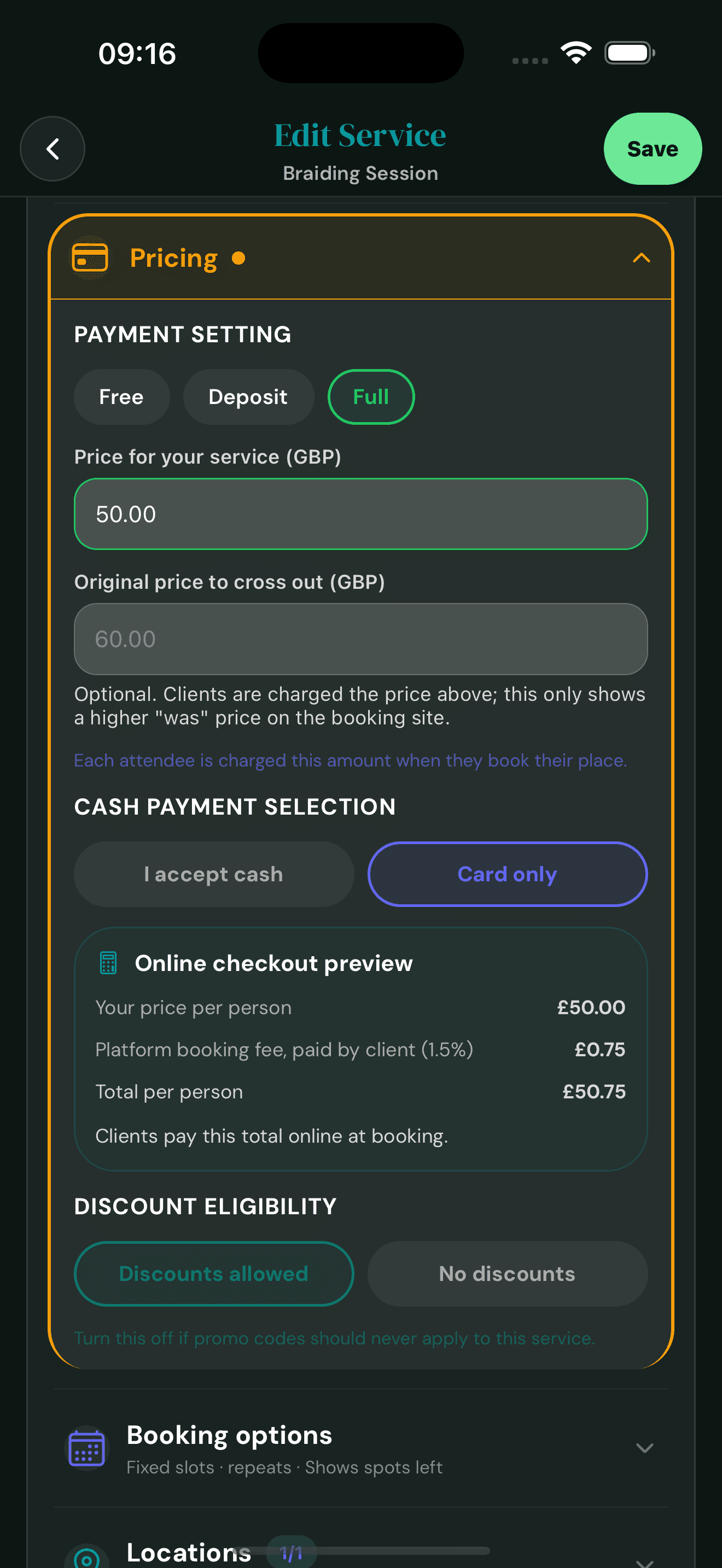 Cyntree pricing panel for a group service with price per attendee at £50, optional was-price at £60, Card only selection, online checkout preview showing £50 plus £0.75 platform fee equals £50.75 per person, and discount eligibility