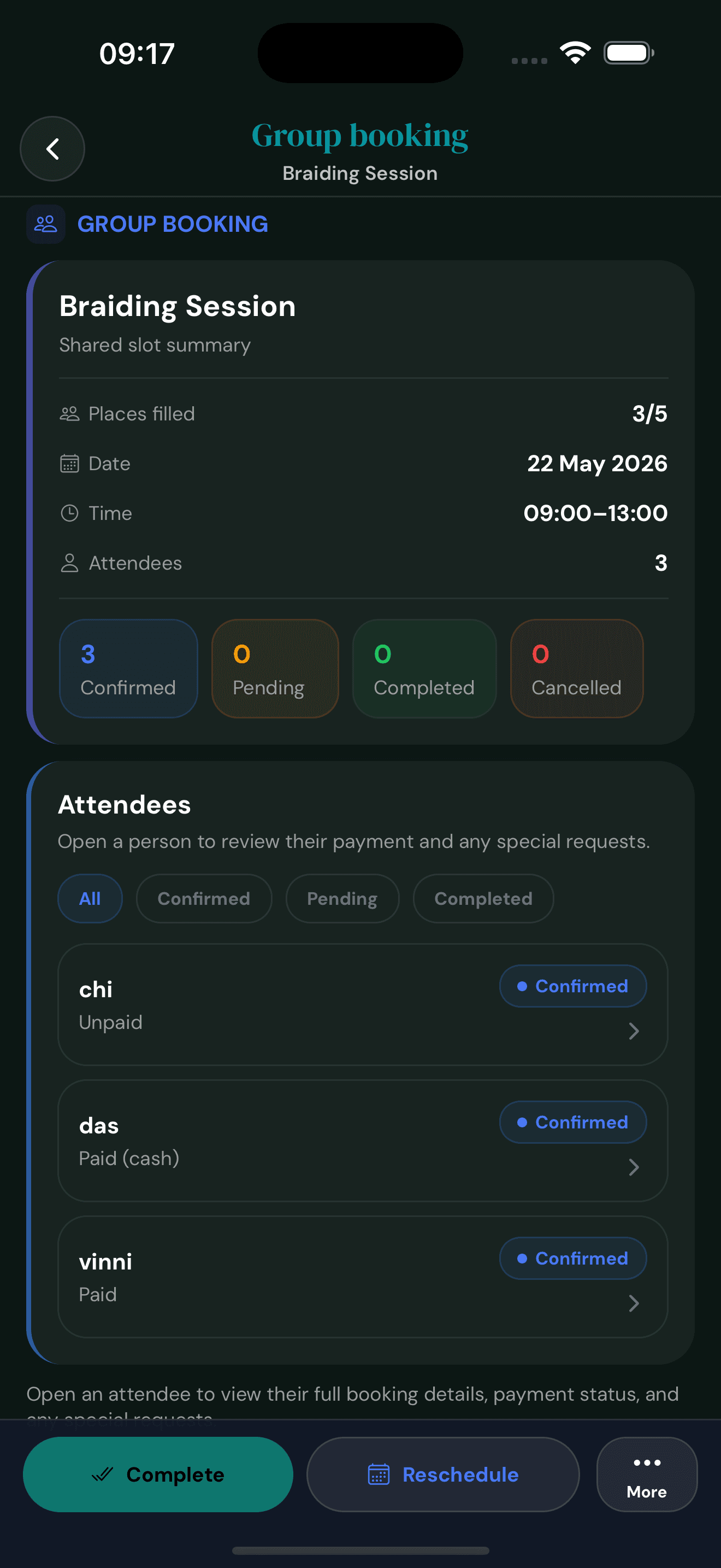 Cyntree group booking summary for Braiding Session showing places filled 3 of 5, date and time, and an attendee list with three confirmed clients and live status counts