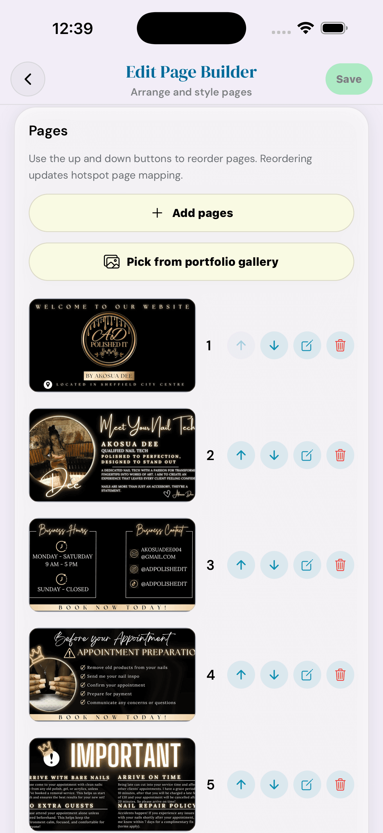 Cyntree Template Page Builder showing uploaded brand pages with reorder controls and a Pick from portfolio gallery option.
