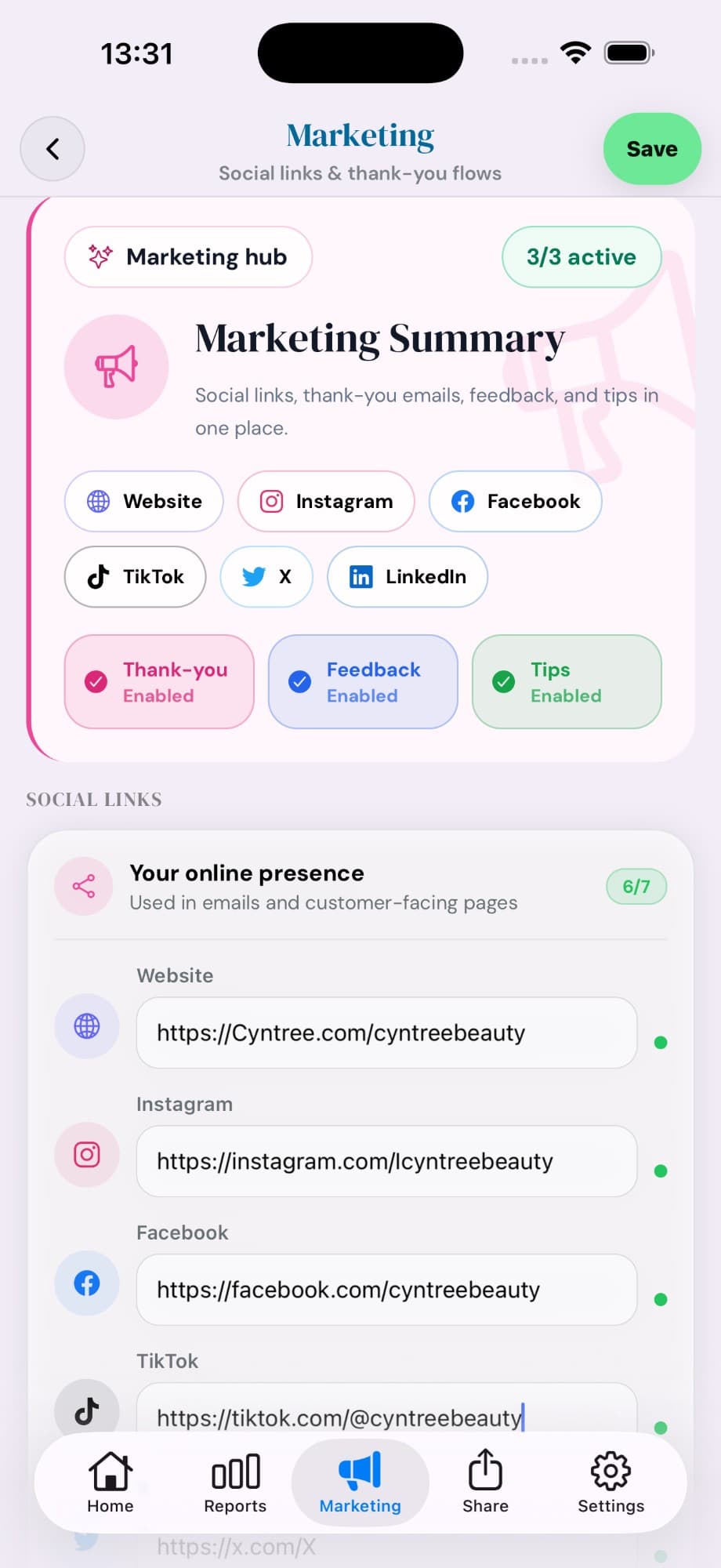 Cyntree Marketing screen with the marketing hub card showing 3/3 active automations (thank-you, feedback, tips), social link inputs for website, Instagram, Facebook, TikTok, X, and LinkedIn, and the online-presence section with each link individually saved.