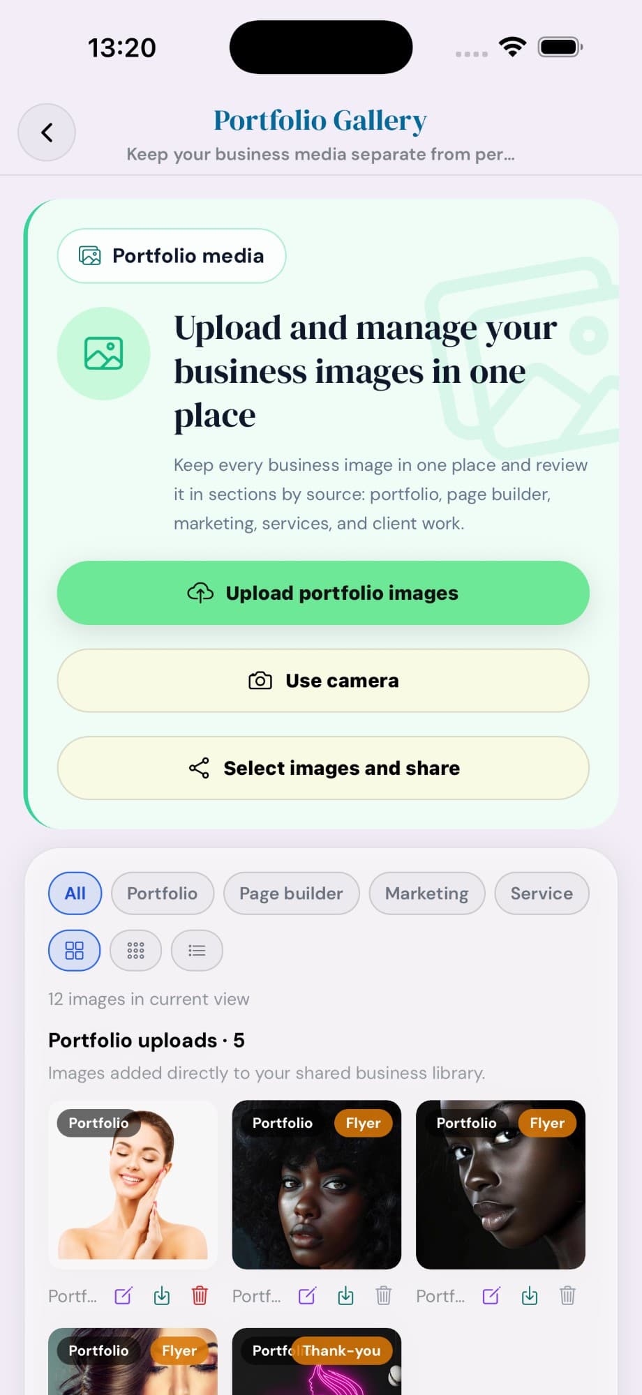 Cyntree Portfolio Gallery screen with upload, camera, and share controls, plus a grid of portfolio uploads tagged with overlay markers such as Flyer and Thank-you.