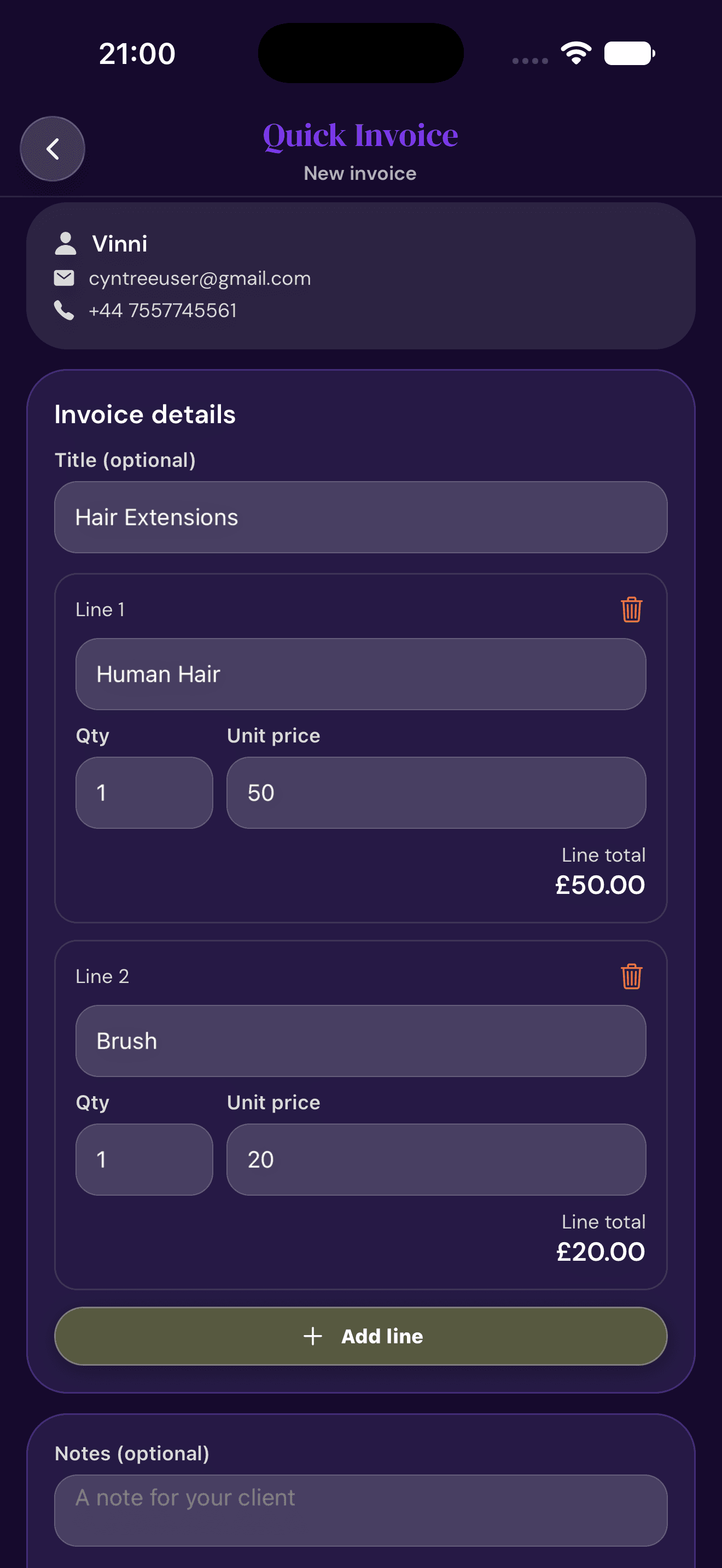 Cyntree Quick Invoice editor titled New invoice for Vinni with a Hair Extensions title and two line items, Human Hair 1 by £50.00 and Brush 1 by £20.00, each showing a line total, plus an Add line button.