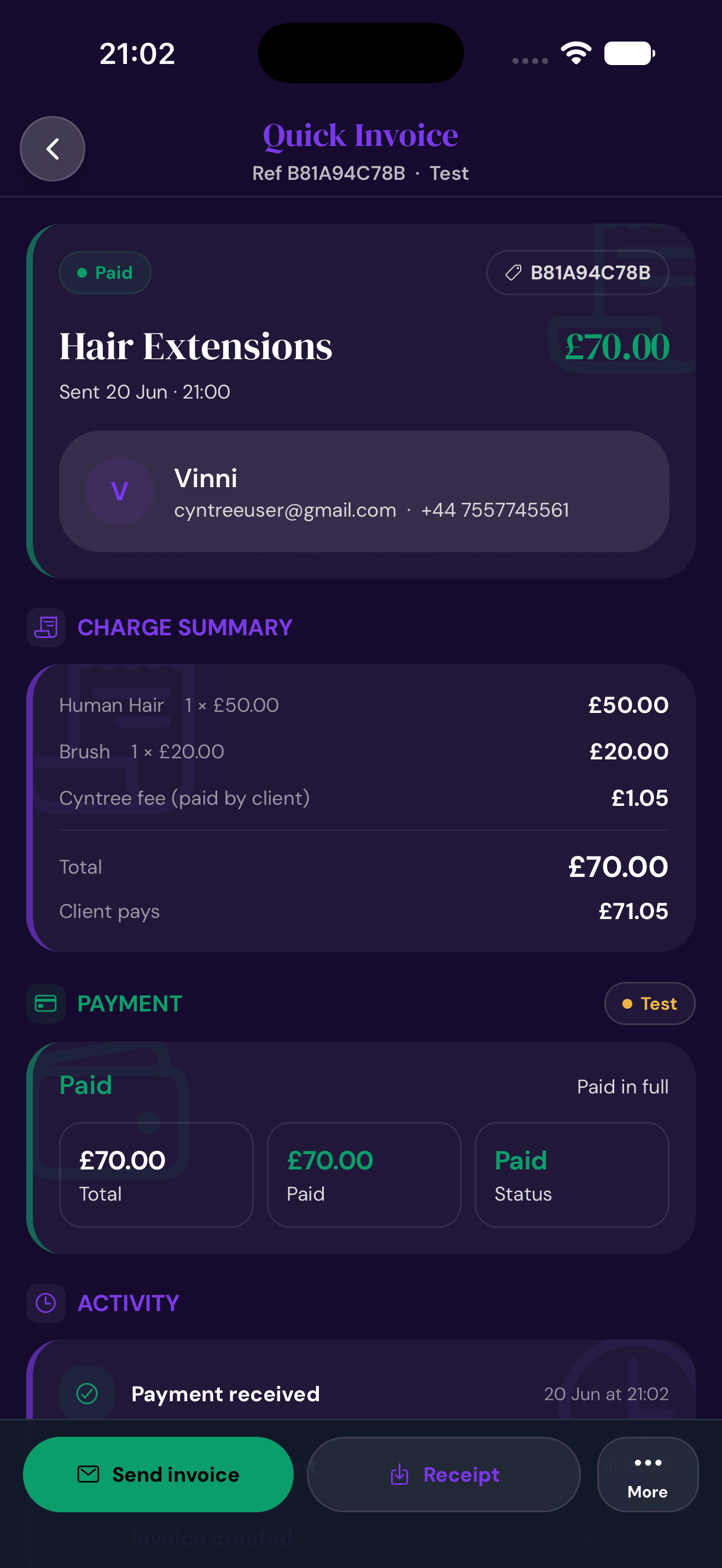 Cyntree Quick Invoice detail for Hair Extensions marked Paid at £70.00, with a charge summary, a Paid-in-full payment panel, an activity log showing Payment received, and Send invoice and Receipt actions.