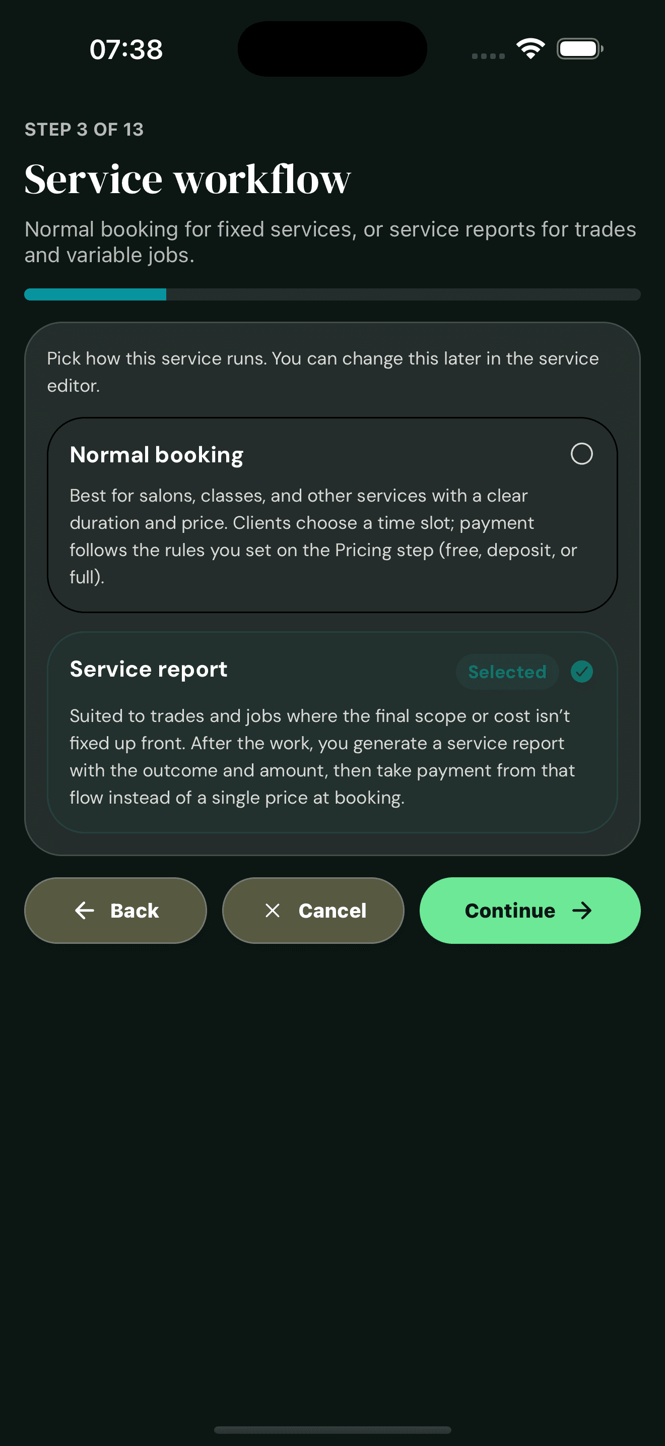 Cyntree service creation wizard step 3 of 13 titled Service workflow with Normal booking and Service report options, Service report selected for trades and variable-scope jobs