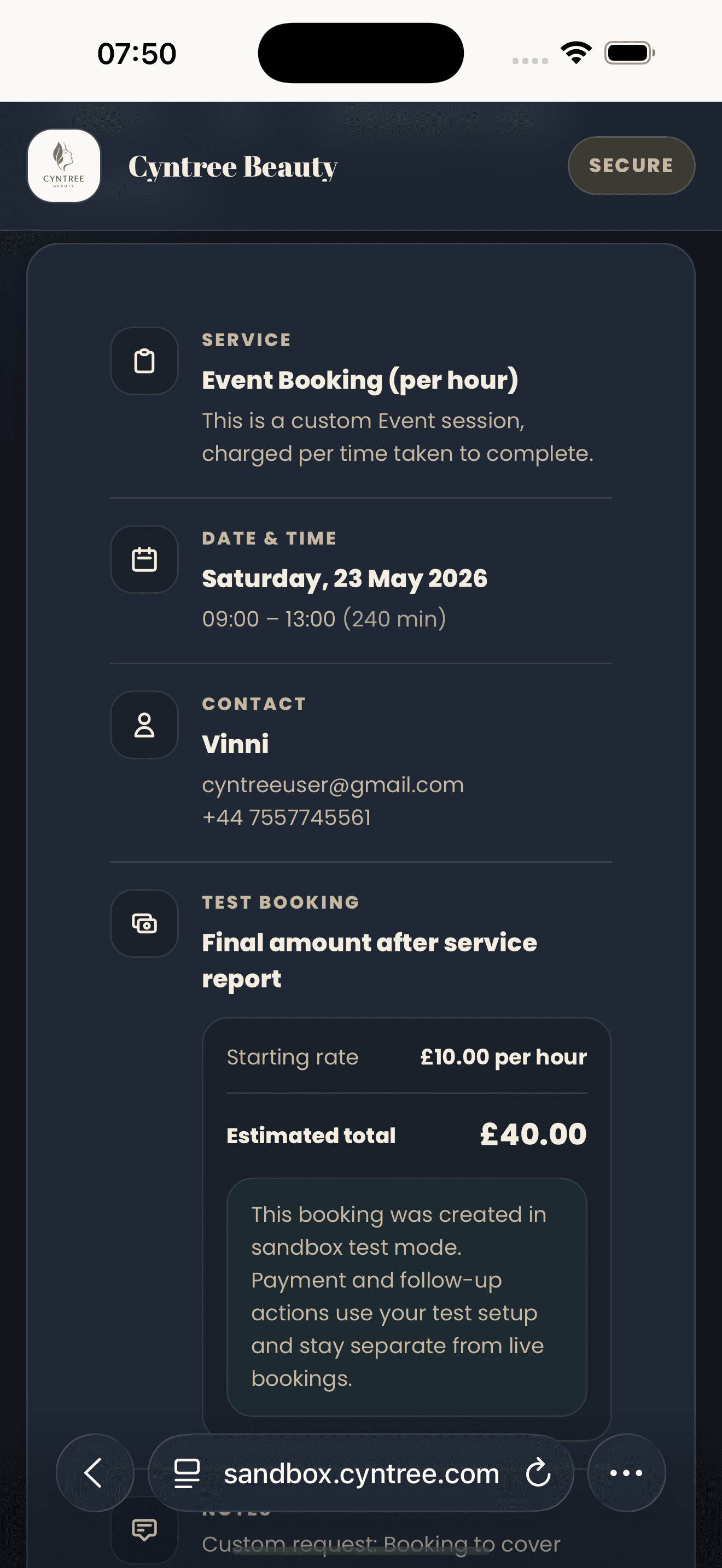 Cyntree Beauty client-facing booking page showing the Event Booking starting rate of £10 per hour, an estimated total of £40, and a note that the final amount is set after the service report