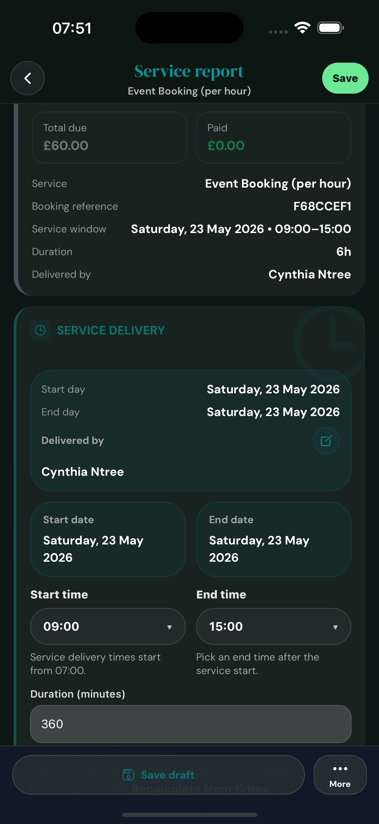 Cyntree service report editor showing service delivery section with start day, end day, delivered-by, start and end times, and an auto-calculated 360 minute duration