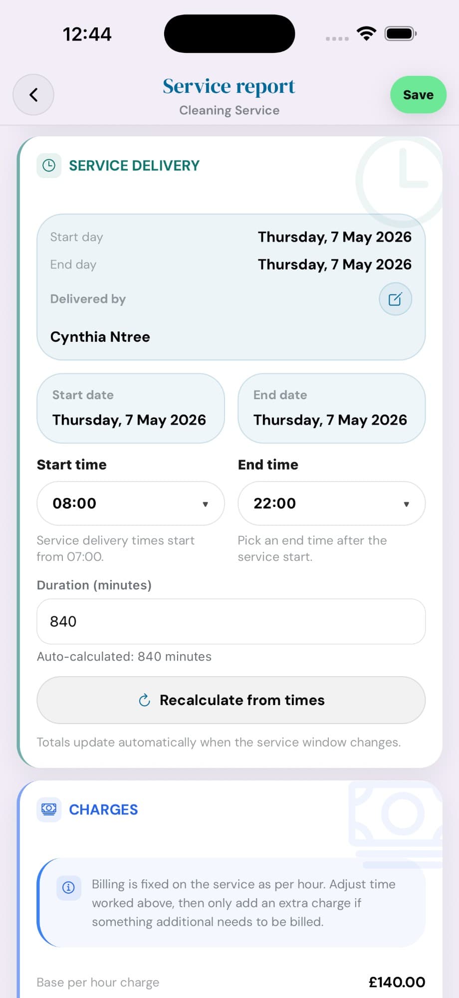 Cyntree Service report editor for a cleaning service, showing service delivery times, duration, and per-hour charges.