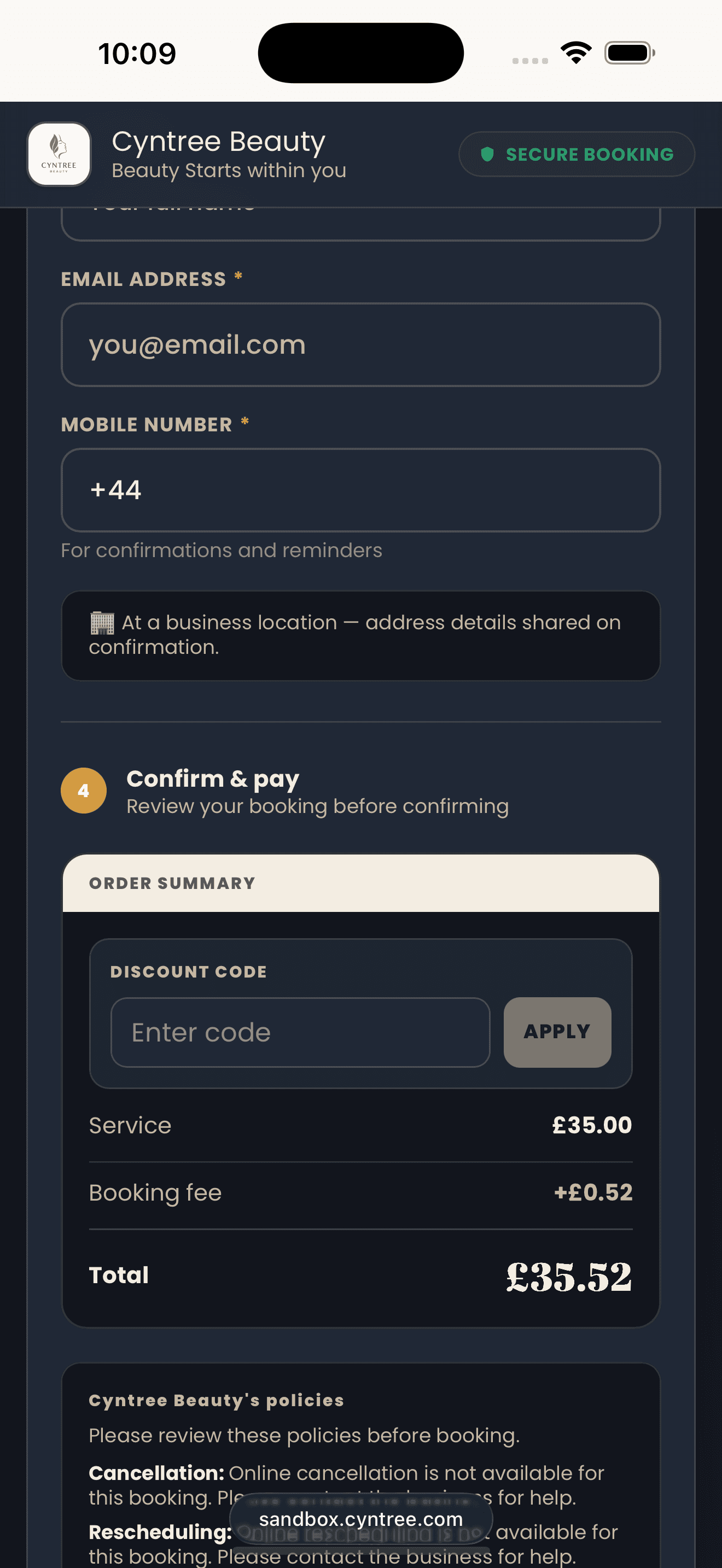 Cyntree Beauty client-facing Confirm and pay step on the booking site, with an order summary showing Service £35.00, Booking fee £0.52, and Total £35.52