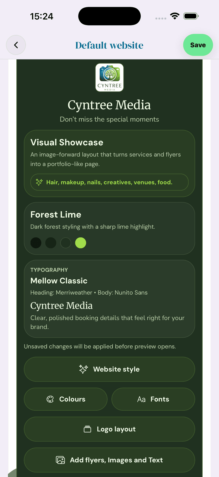 Cyntree default website settings screen showing Visual Showcase layout, Forest Lime colour palette, and Mellow Classic typography.